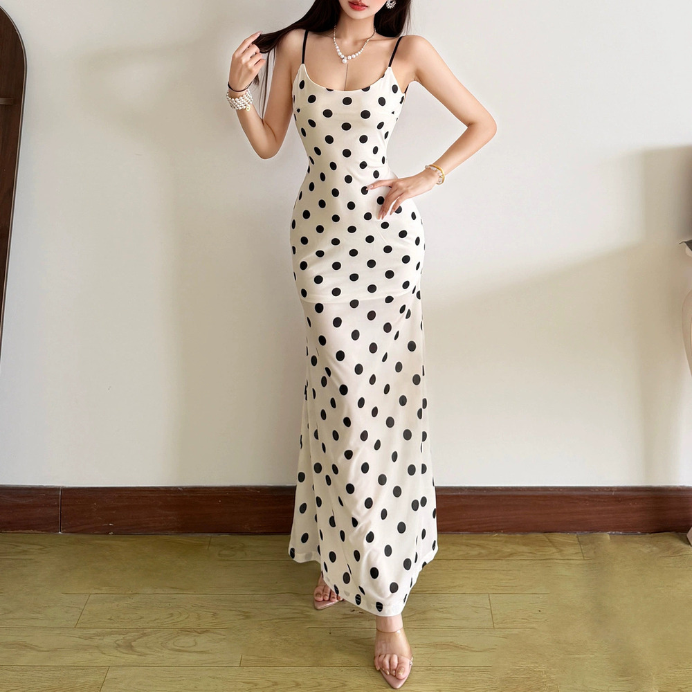 Zara Summer Polka Dot Spaghetti Strap Backless Floor Length Dress